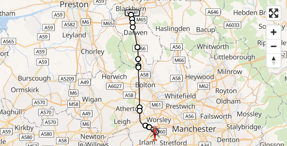 Routekaart van de vlucht: Air Ambulance Helicopter on its way from Blackburn