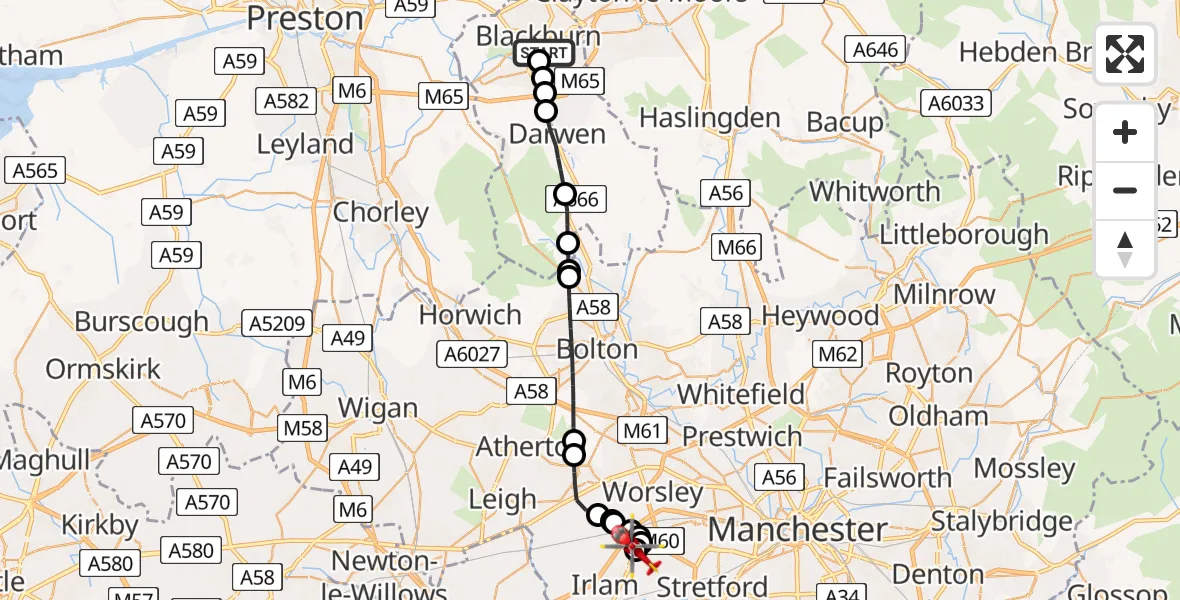 Routekaart van de vlucht: Air Ambulance Helicopter to Irlam, Manchester Barton Aerodrome