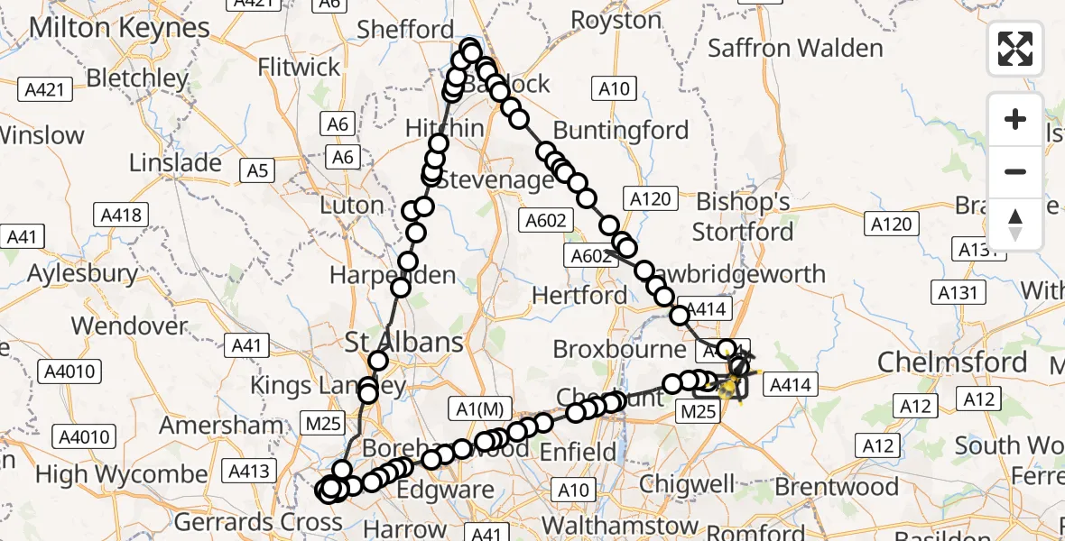 Flight path map showing Police Helicopter route from North Weald Bassett to North Weald Airfield