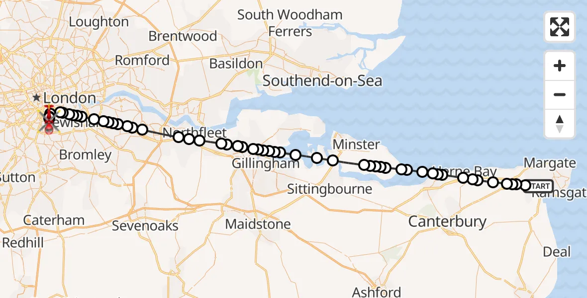 Routekaart van de vlucht: Air Ambulance Helicopter on its way from Manston Airport