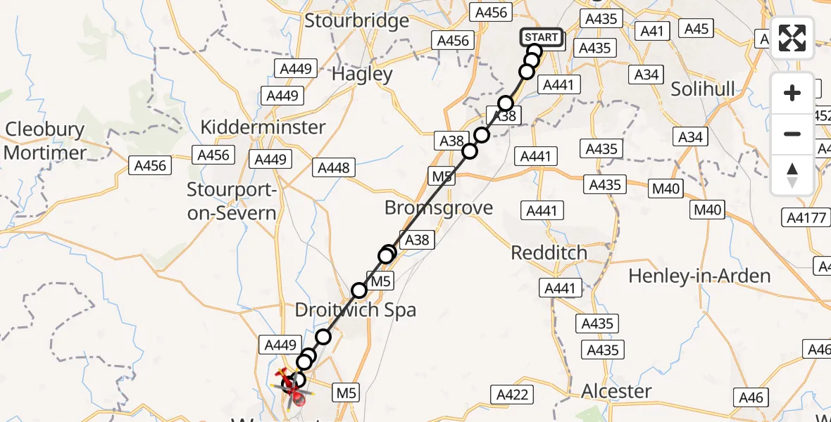 Flight path map showing Air Ambulance Helicopter route from Metchley to Claines
