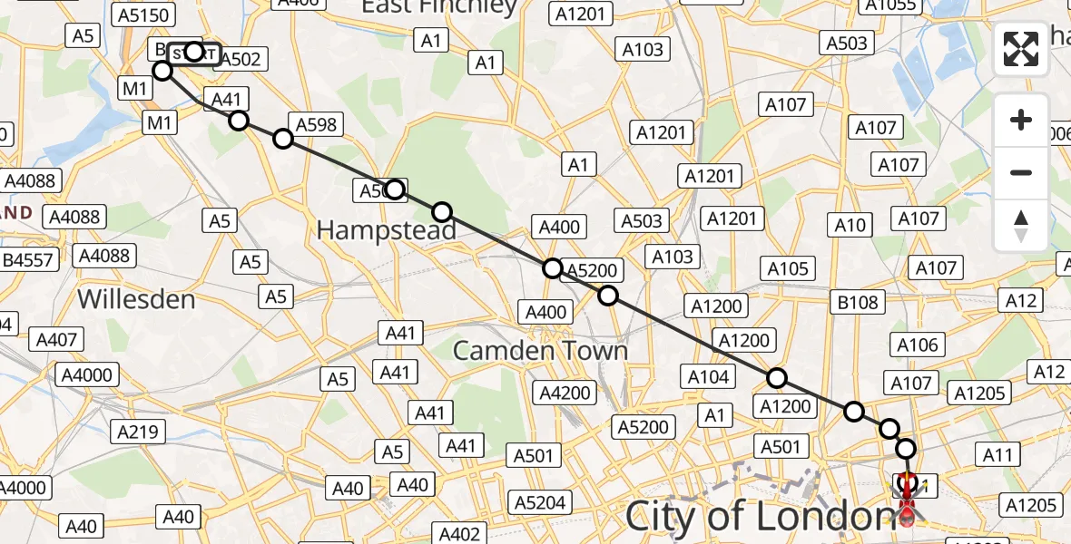 Flight path map showing Air Ambulance Helicopter route from Hendon Central to Royal London Hospital