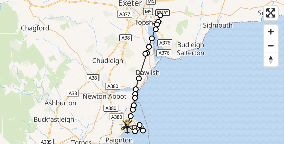 Flight path map showing Police Helicopter route from East Devon to Torquay