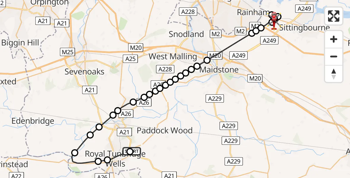 Flight path map showing Air Ambulance Helicopter route from Tunbridge Wells Hospital Heliport to Hartlip