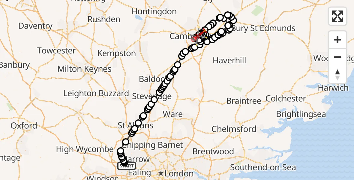 Flight path map showing Air Ambulance Helicopter route from RAF Northolt to Cambridge City Airport
