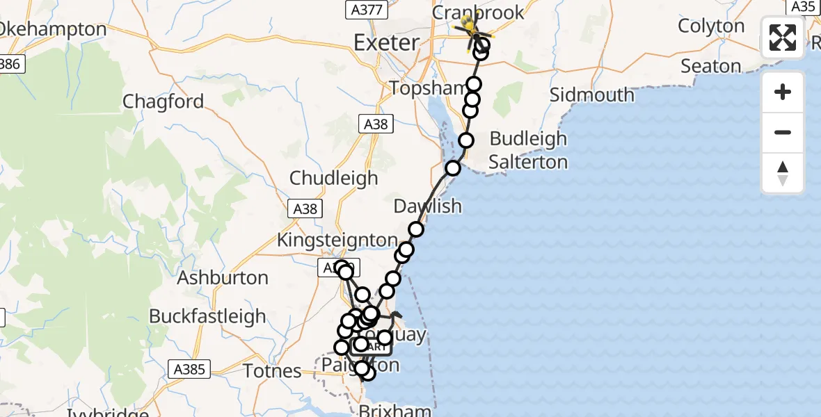 Flight path map showing Police Helicopter route from Paignton to Rockbeare