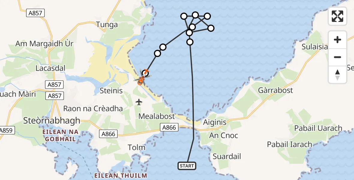 Flight path map showing Coastguard Helicopter route from Inner Seas to Mealabost