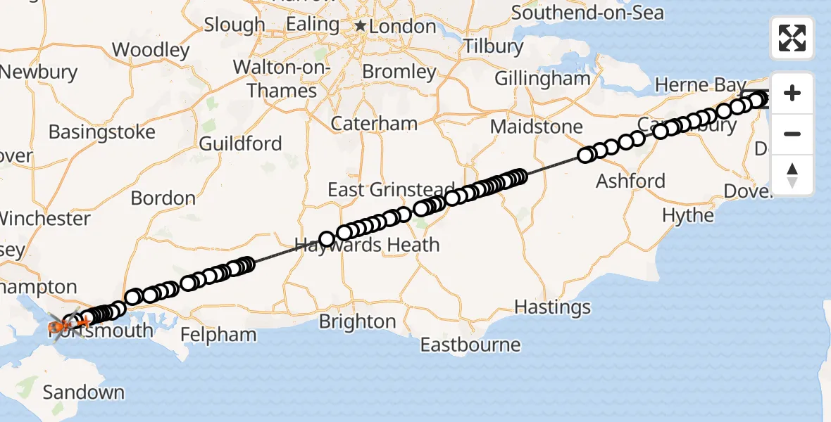 Flight path map showing Coastguard Helicopter route from Manston Airport to Solent Airport