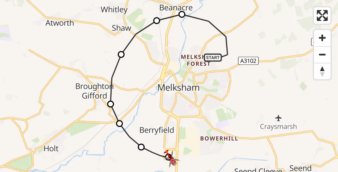 Flight path map showing Air Ambulance Helicopter route from Melksham to Melksham