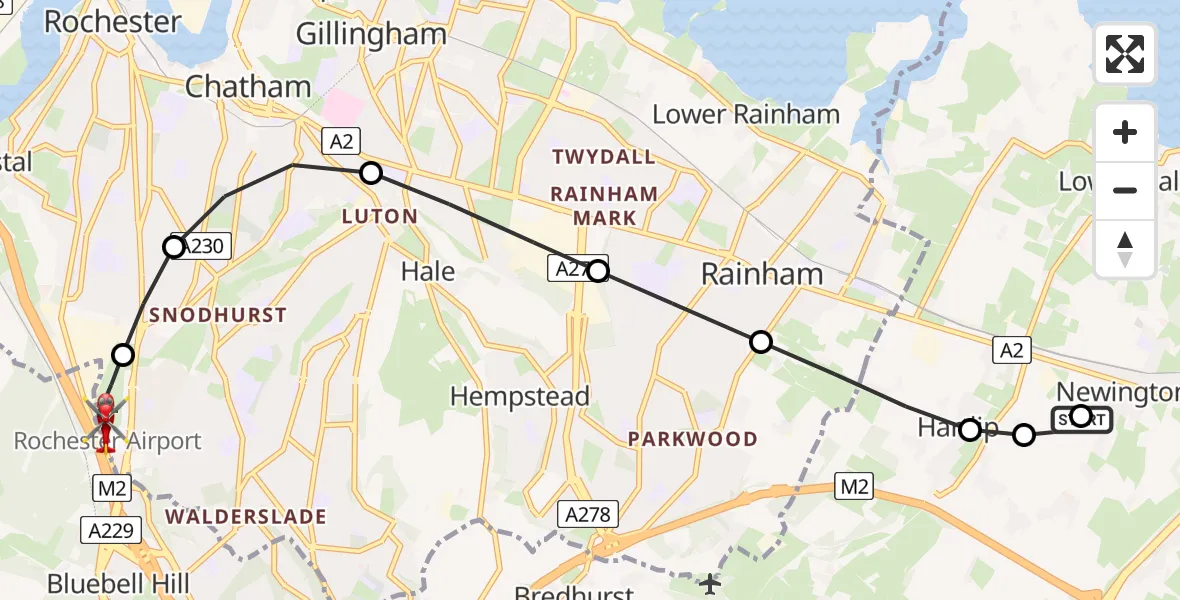 Flight path map showing Air Ambulance Helicopter route from Newington to Rochester Airport