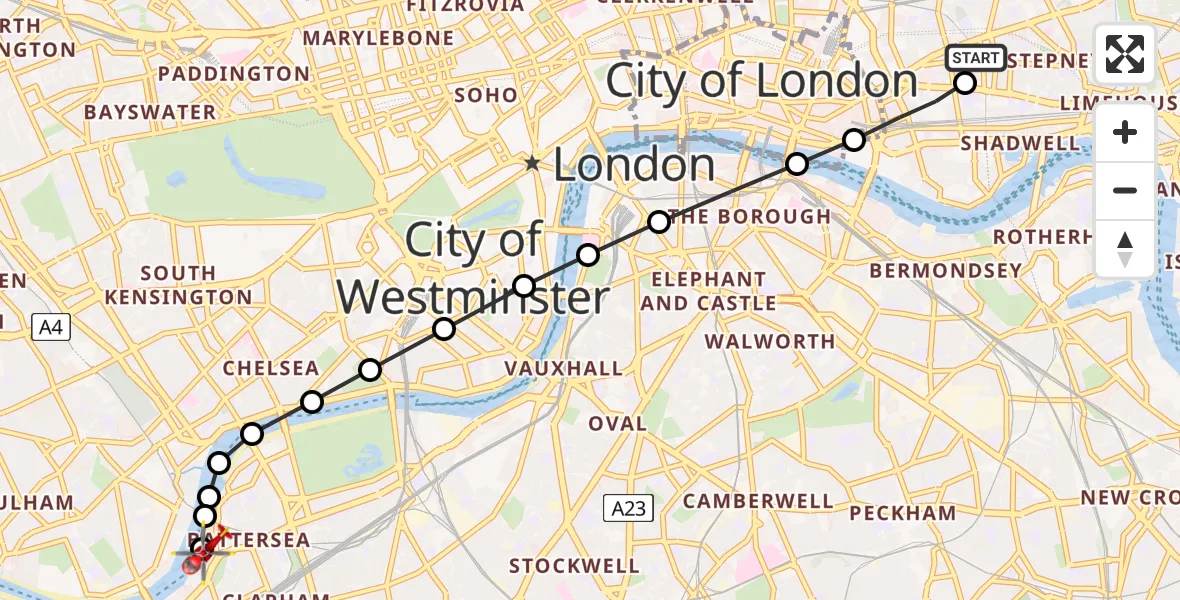 Flight path map showing Air Ambulance Helicopter route from Royal London Hospital to London Heliport