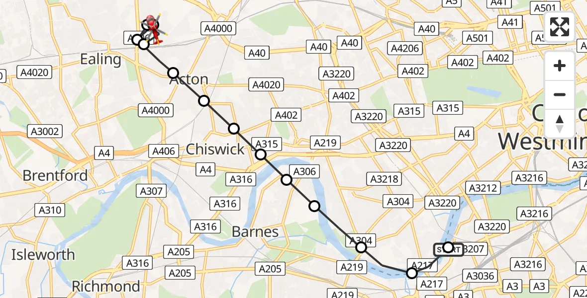 Flight path map showing Air Ambulance Helicopter route from London Heliport to Park Royal