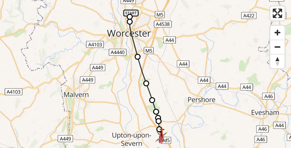 Flight path map showing Air Ambulance Helicopter route from Claines to Hill Croome