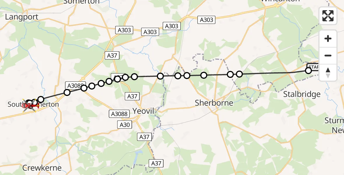 Flight path map showing Air Ambulance Helicopter route from Henstridge Airfield to Over Stratton