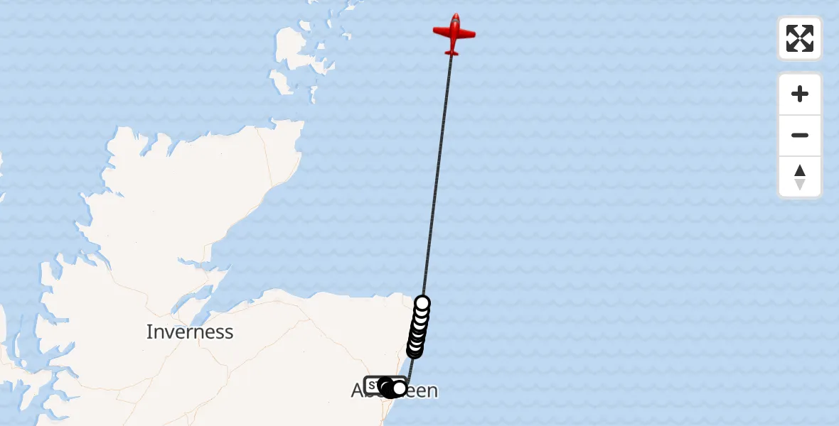 Flight path map showing Air Ambulance Aircraft route from Aberdeen International Airport to North Sea