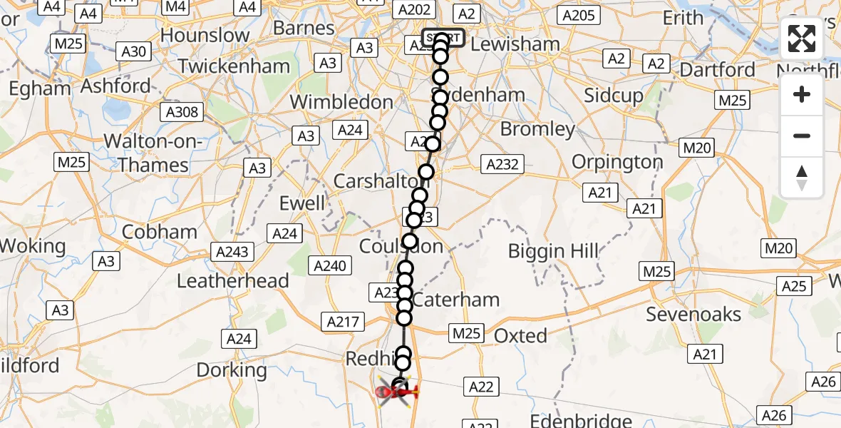Flight path map showing Air Ambulance Helicopter route from Kings College London Hospital to Redhill Aerodrome