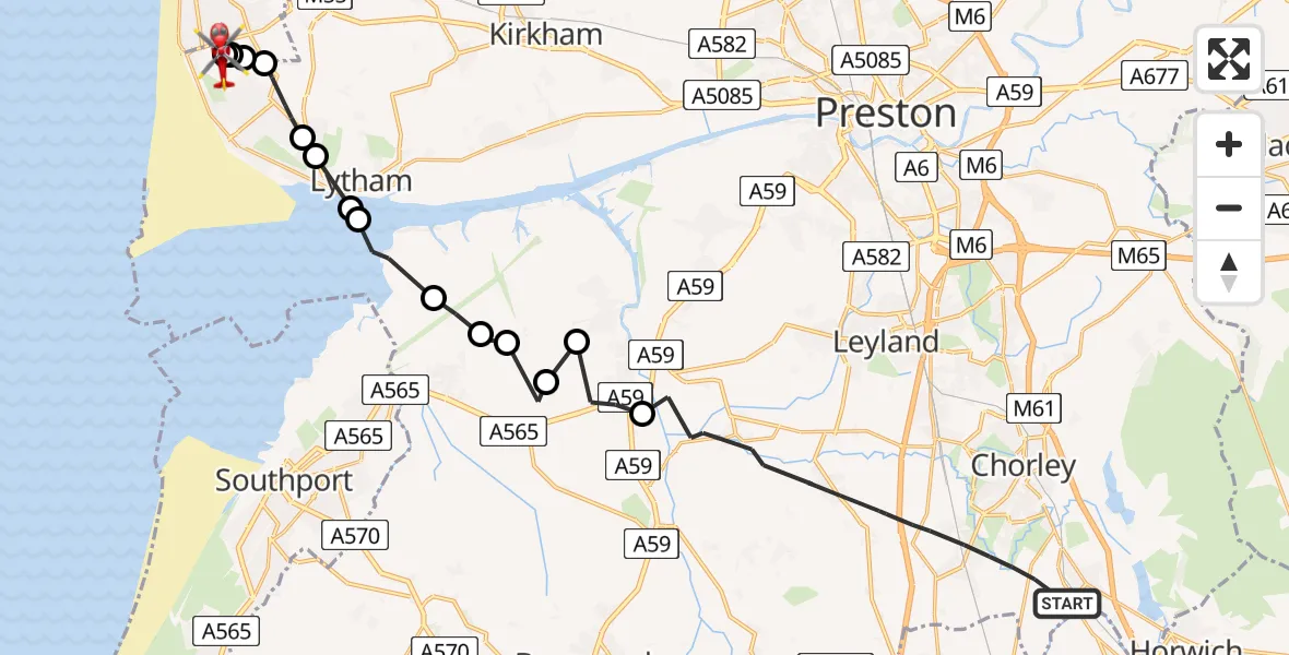 Flight path map showing Air Ambulance Helicopter route from Chorley to Blackpool Airport