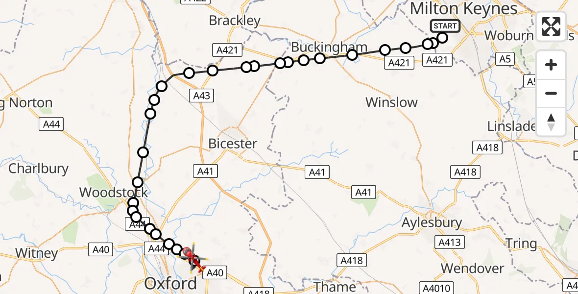 Routekaart van de vlucht: Air Ambulance Helicopter to Oxford, Oldwell Road