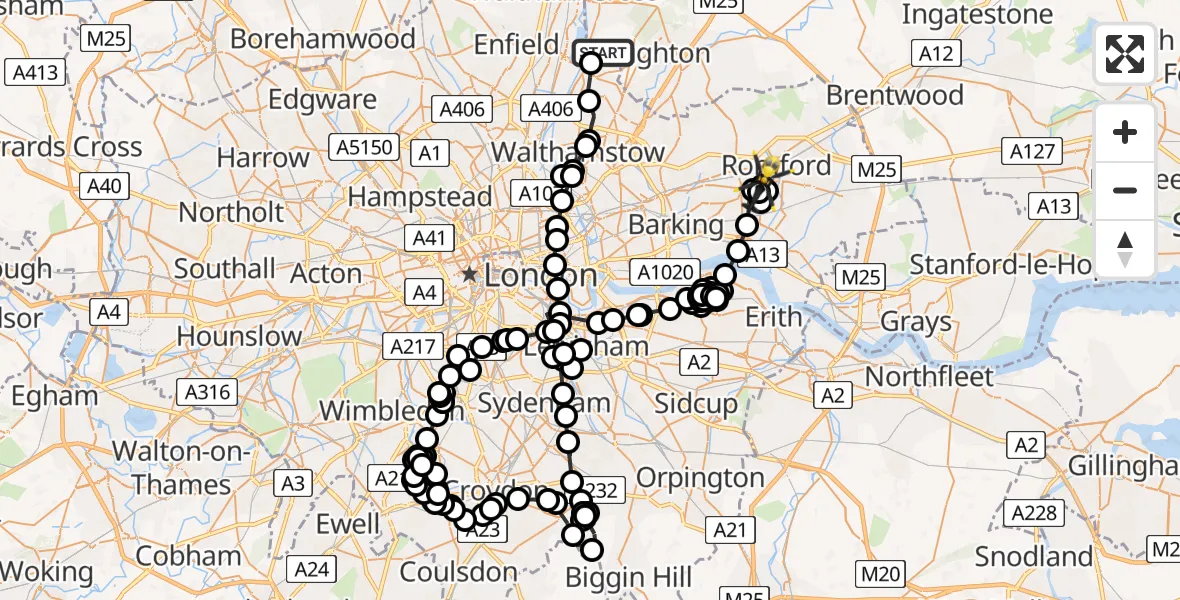 Flight path map showing Police Helicopter route from Sewardstonebury to Havering