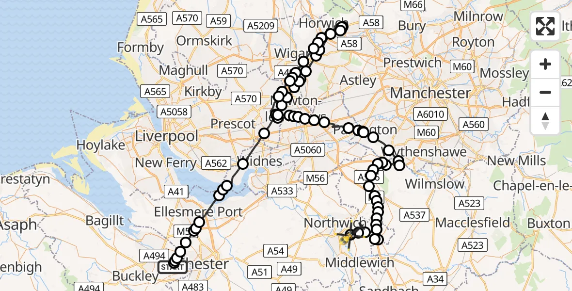 Flight path map showing Police Helicopter route from Hawarden Airport to Davenham