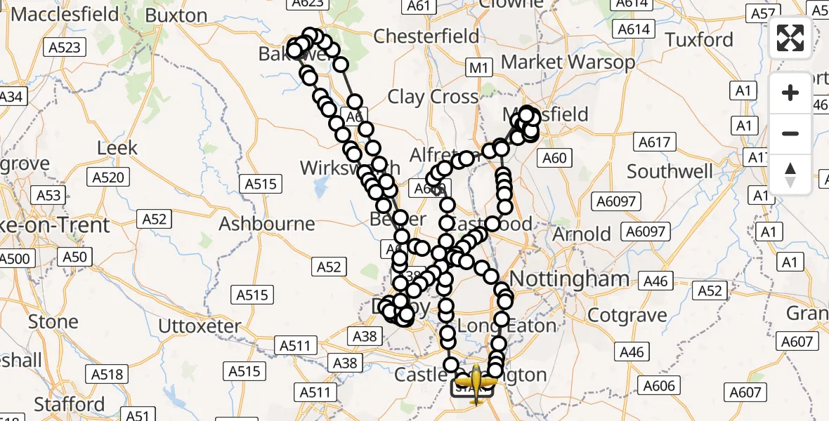 Flight path map showing Police Aircraft route from East Midlands Airport to East Midlands Airport