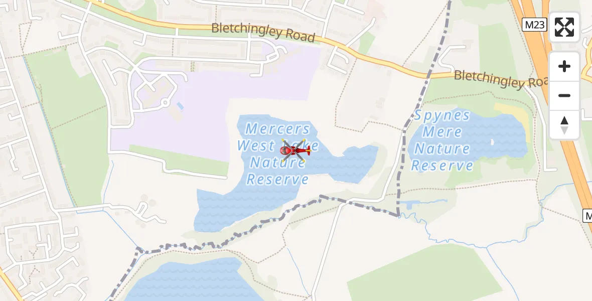 Flight path map showing Air Ambulance Helicopter route from Merstham to Merstham