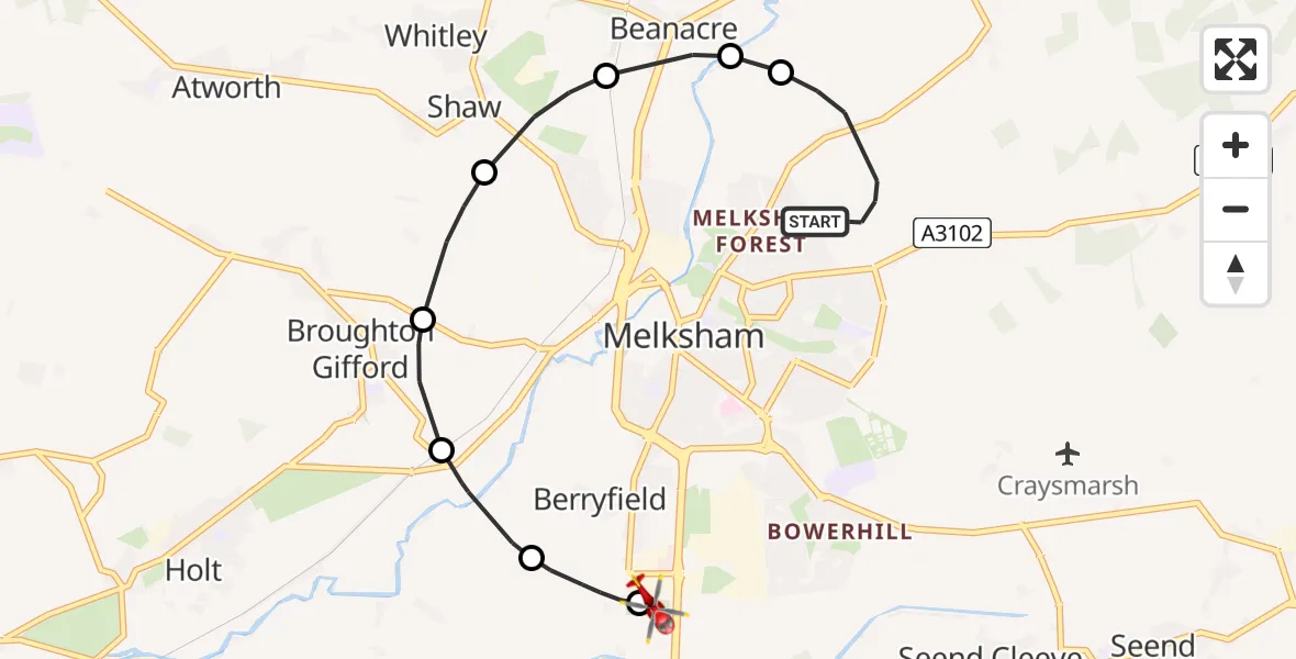 Routekaart van de vlucht: Air Ambulance Helicopter to Melksham, Commerce Way