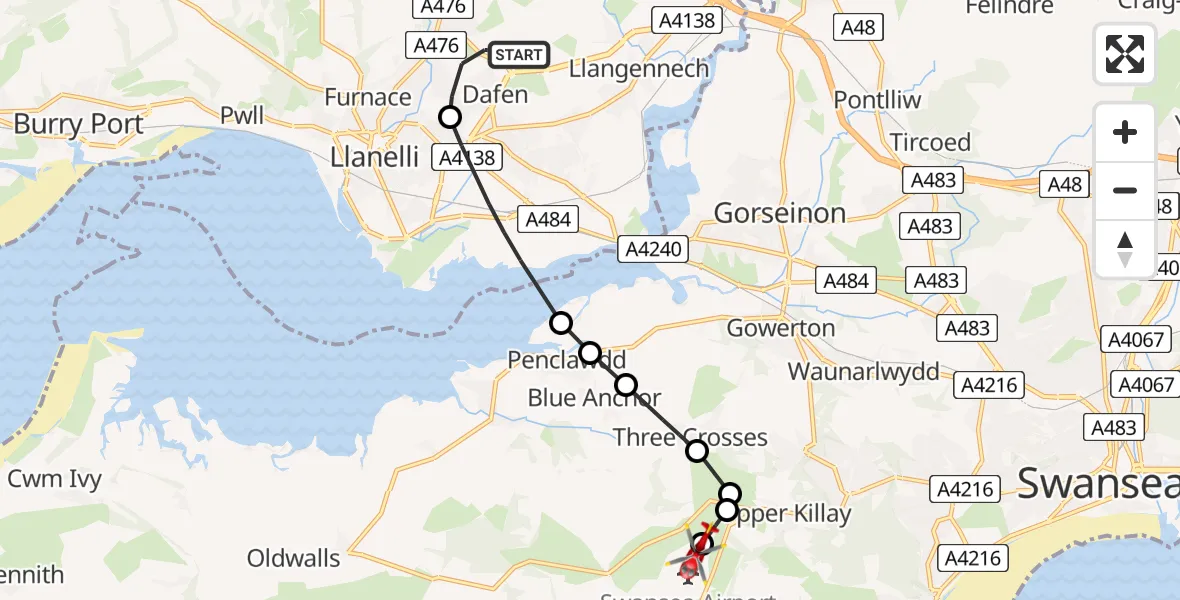Flight path map showing Air Ambulance Helicopter route from Dafen to Swansea Airport