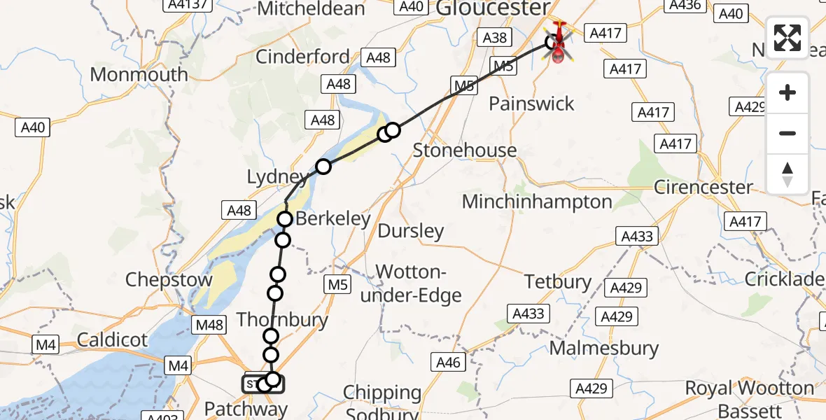 Flight path map showing Air Ambulance Helicopter route from Hortham to Tewkesbury