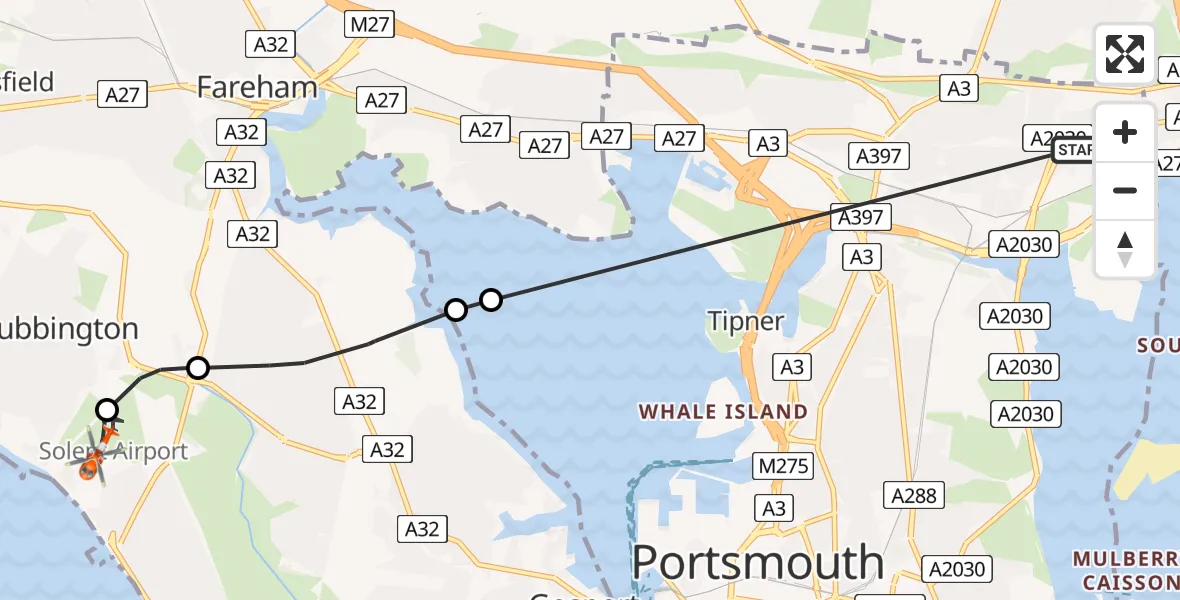 Flight path map showing Coastguard Helicopter route from Farlington to Solent Airport