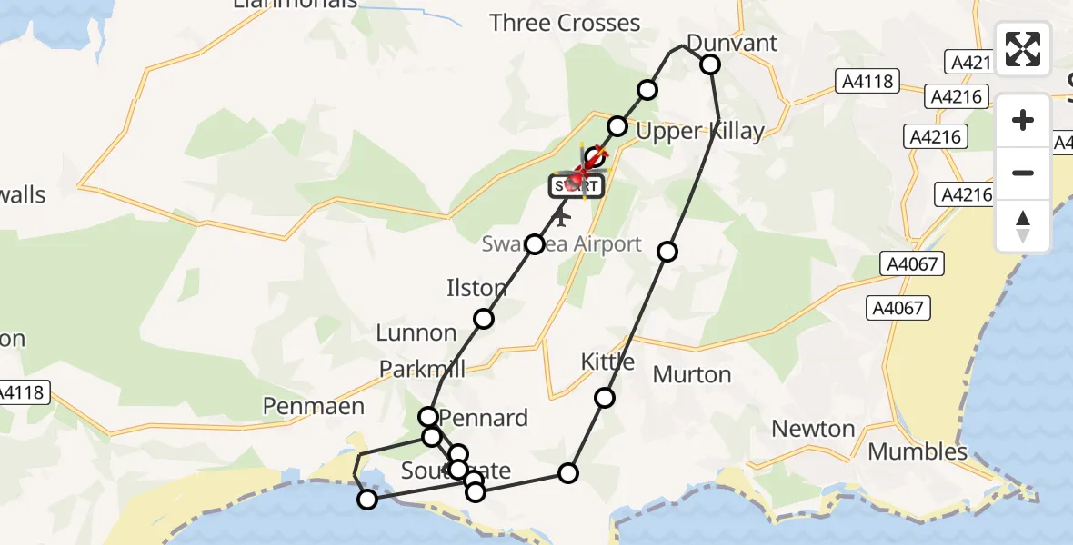 Flight path map showing Air Ambulance Helicopter route from Swansea Airport to Swansea Airport