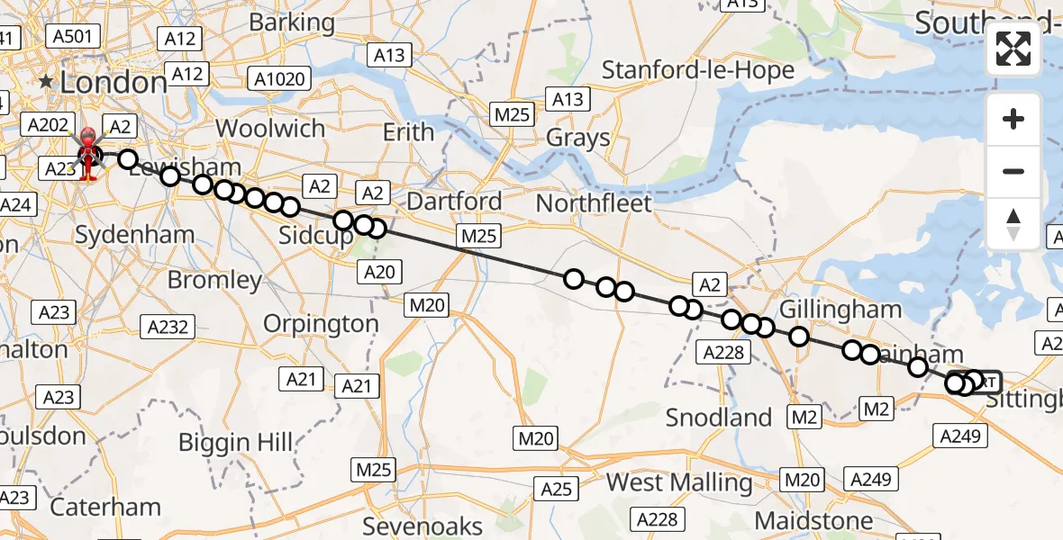 Flight path map showing Air Ambulance Helicopter route from Newington to Kings College London Hospital