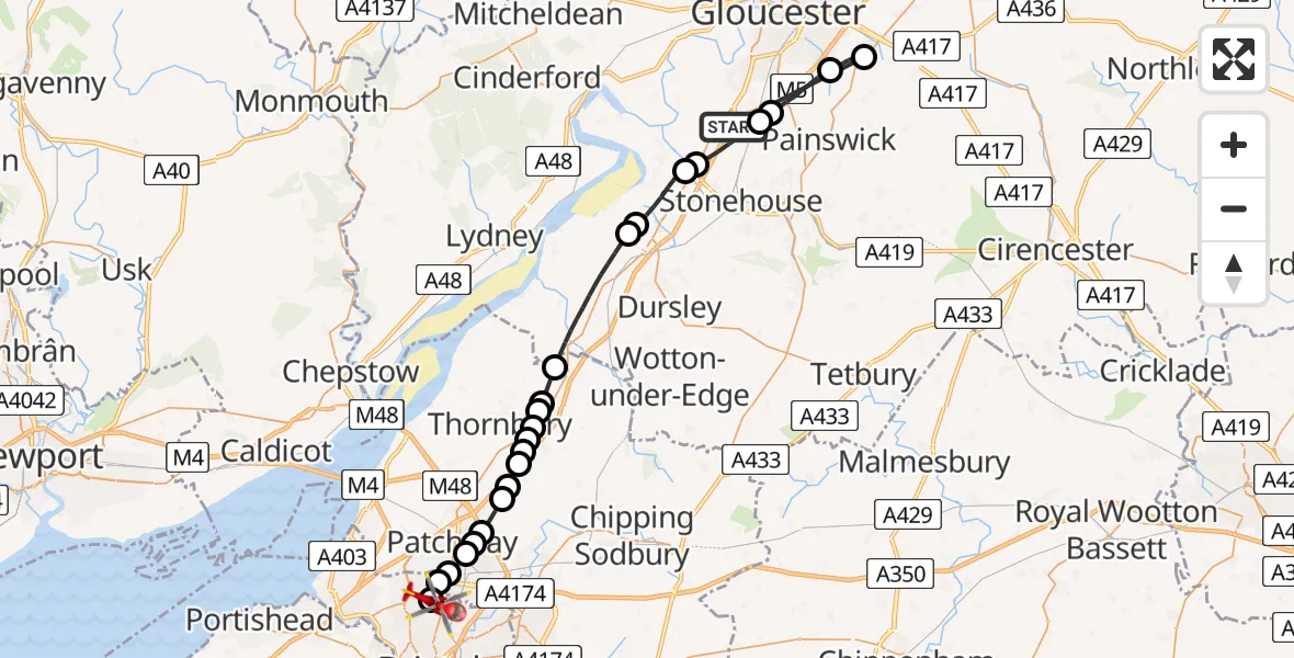 Flight path map showing Air Ambulance Helicopter route from Stroud to Southmead Hospital
