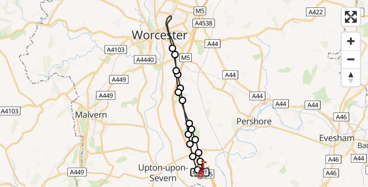 Flight path map showing Air Ambulance Helicopter route from Hill Croome to Hill Croome