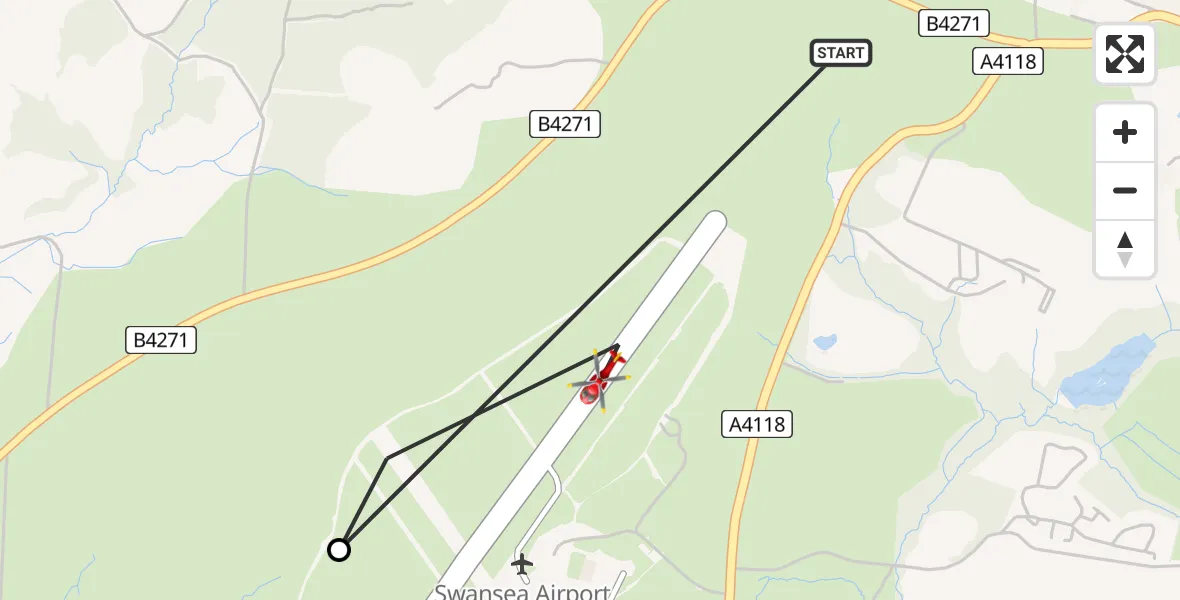 Flight path map showing Air Ambulance Helicopter route from Three Crosses to Swansea Airport
