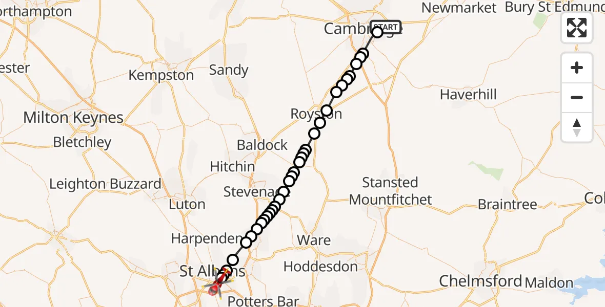 Flight path map showing Air Ambulance Helicopter route from Cambridge City Airport to London Colney