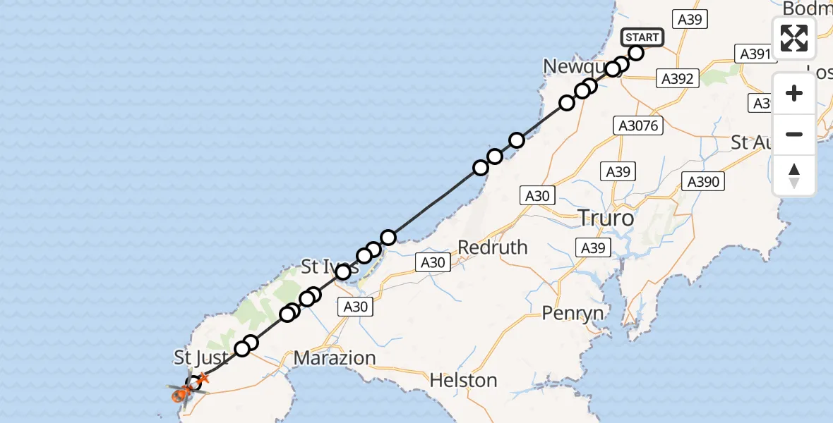 Flight path map showing Coastguard Helicopter route from Cornwall Airport Newquay to Mayon