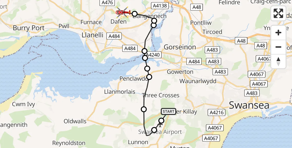 Flight path map showing Air Ambulance Helicopter route from Three Crosses to Dafen