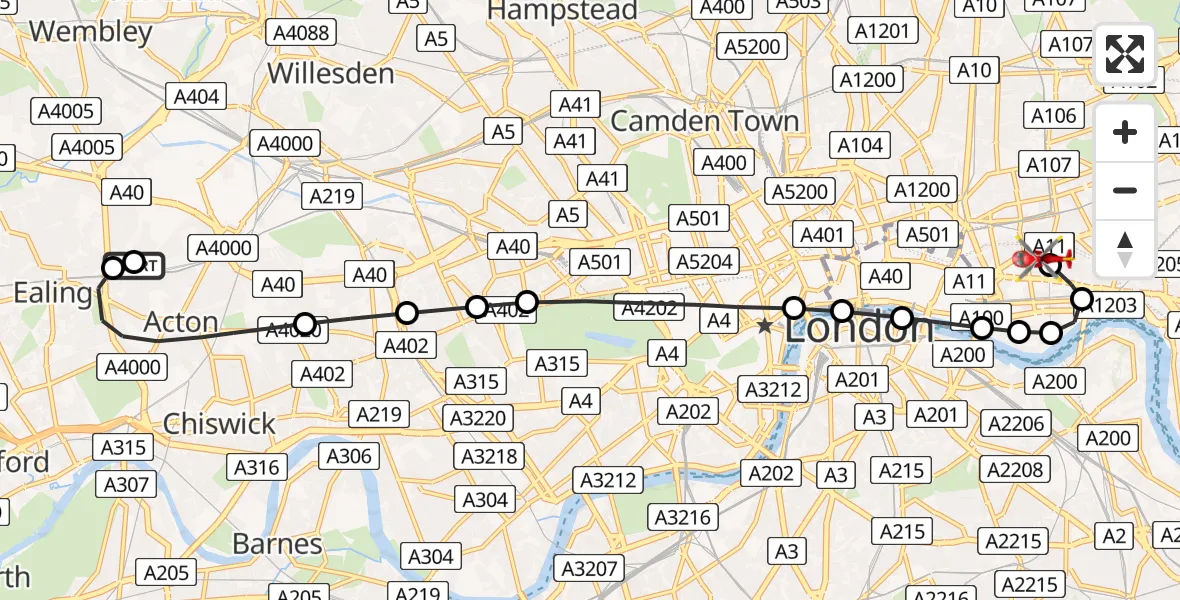 Flight path map showing Air Ambulance Helicopter route from Park Royal to Royal London Hospital