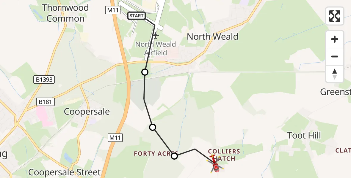 Flight path map showing Air Ambulance Helicopter route from North Weald Airfield to Woodhatch