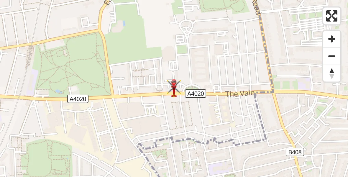 Flight path map showing Air Ambulance Helicopter route from Ealing to Ealing