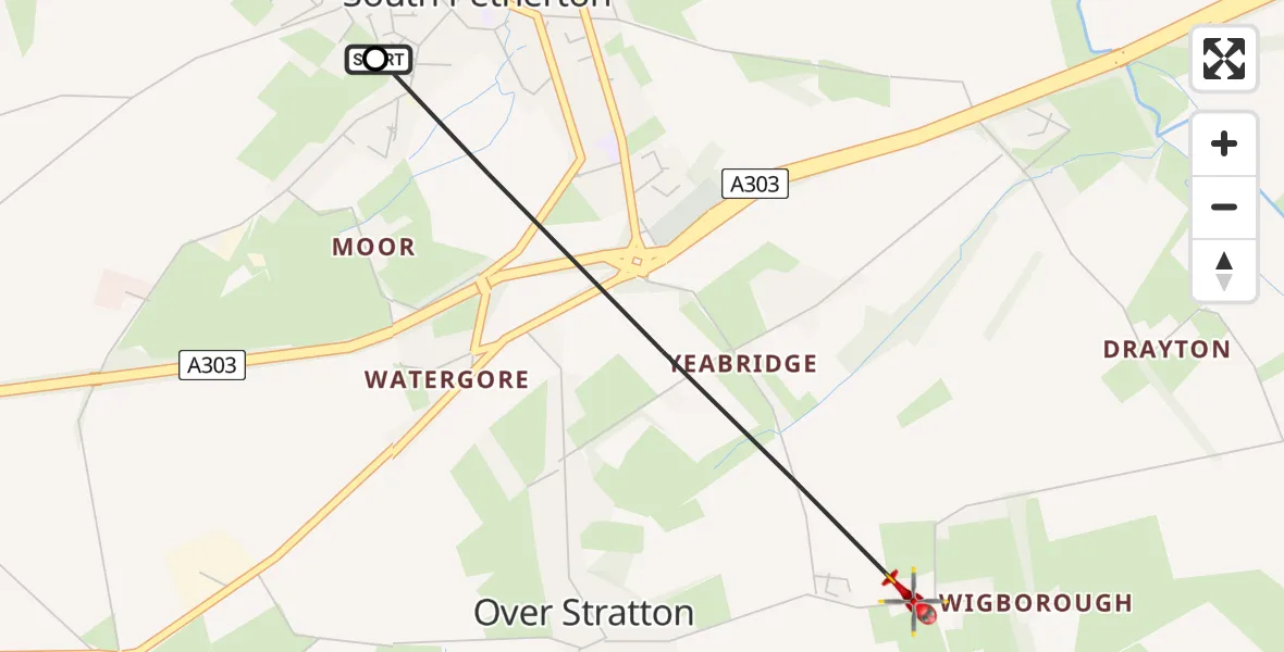 Flight path map showing Air Ambulance Helicopter route from South Petherton to Over Stratton