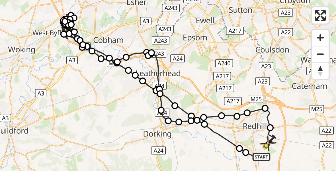 Flight path map showing Police Helicopter route from Salfords to South Nutfield