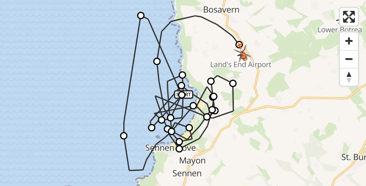 Flight path map showing Coastguard Helicopter route from Mayon to Land's End Airport