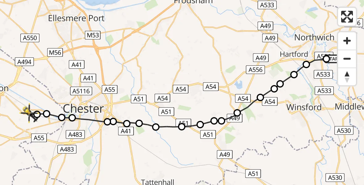 Flight path map showing Police Helicopter route from Davenham to Hawarden Airport