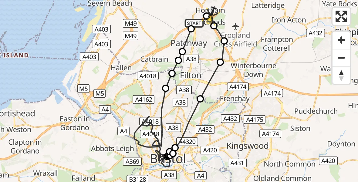 Flight path map showing Police Helicopter route from Almondsbury to Woodlands
