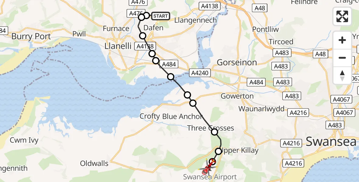 Flight path map showing Air Ambulance Helicopter route from Dafen to Swansea Airport