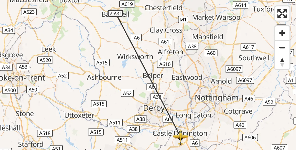 Flight path map showing Police Aircraft route from Bakewell CP to East Midlands Airport