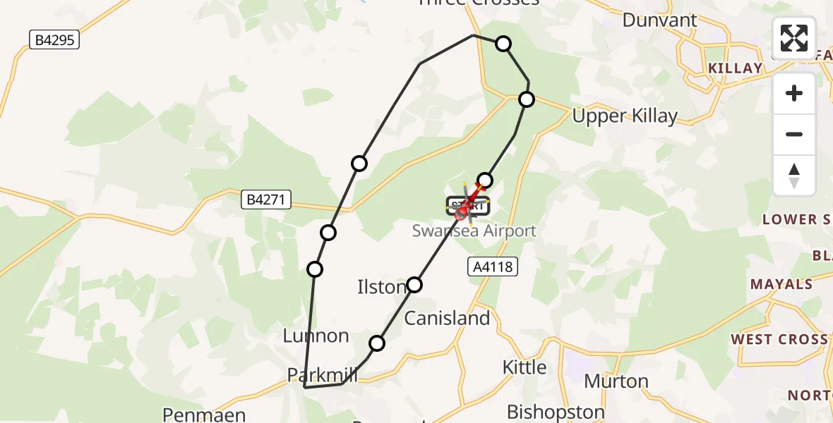 Flight path map showing Air Ambulance Helicopter route from Swansea Airport to Swansea Airport