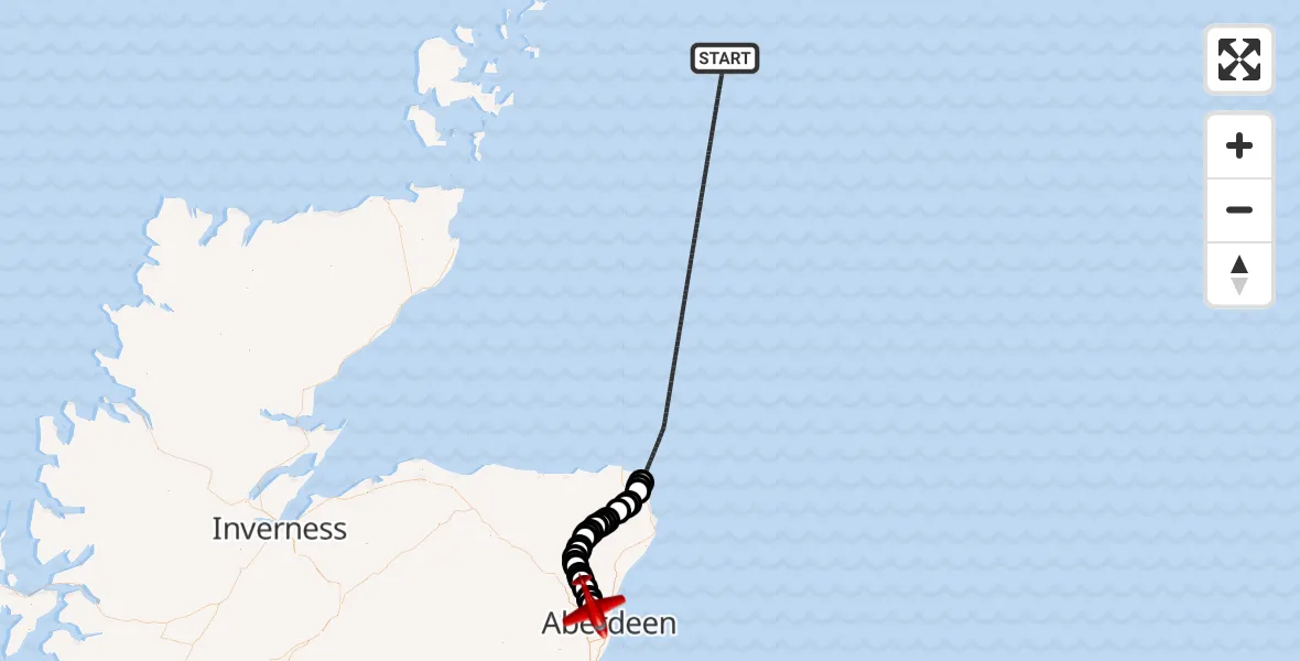Flight path map showing Air Ambulance Aircraft route from North Sea to Aberdeen International Airport